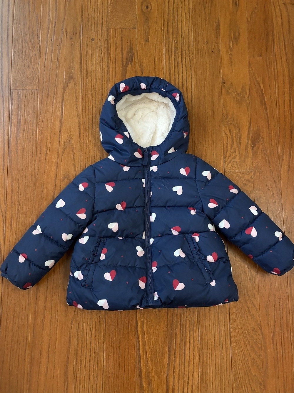 Wonder Nation Girls 2T Navy Heart Print Hooded Puffer Coat Plush Lined Jacket